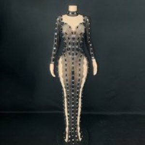 Black Birthday Clothing Diamond Performance Clothing Bright Reflective Lines Long Sleeves Long Slim Calf Split Sexy Sexy Dresses