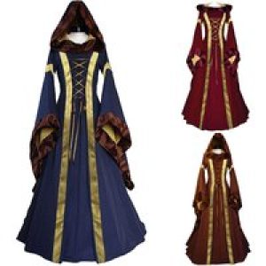 Women Medieval Floor Length Dress Cosplay Costumes Long Bell Sleeve Lace-Up Princess Long Dress Retro Gothic Dress