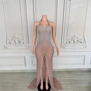 2025 Performance Clothes Female Group Rhinestone Waist Mesh Long Trailing Skirt Guest Model High-end Light Luxury Banquet Dress
