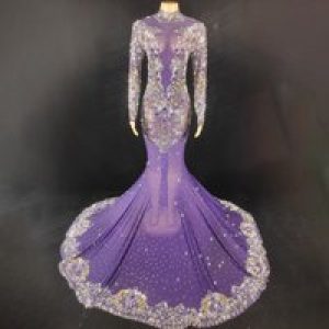 Diamond Birthday Costume Hot Sale Female Singer Gorgeous Court Rhinestone Purple Dress Trailing Dance Vestidos De Fiesta De Lujo