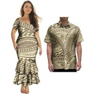 New Hot Sale Couple Clothes 2 Pcs Custom Samoa Tonga Polynesian Tribal Women V Neck Mermaid Prom Dress Match Aloha Men Shirt