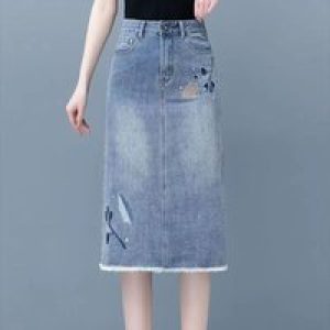 Female Jeans Skirts High Waist Blue Women’s Denim Skirt Midi Embroidery Premium Aesthetic Vintage Casual Chic and Elegant Luxury