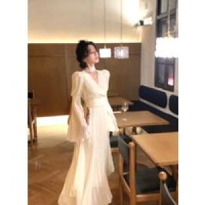 Spring and Autumn Long sleeved V-neck Sparkling Sleeve White Dress Fashion French Style Women’s Dress Prom Dress Office Dress