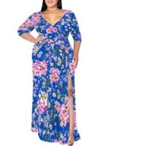 Women’s Sexy V Neck Slit Dress Oversize Long Sleeve Maxi Party Dresses with Belt