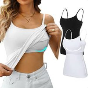 V FOR CITY Women’s Shelf Bra Camisole Tops Adjustable Spaghetti Strap Cami Tank Cotton Undershirts 2 Pack