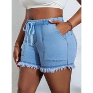 Women’s Plus Size Denim Shorts with High Stretch Elastic Waistband and Tassel Style, Fashionable and Versatile Jeans