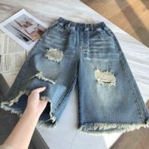 High Waist Plus Size Women’s Ripped Shorts Summer Loose Solid Color Wideleg Pants Street Style Simple All Match Jeans