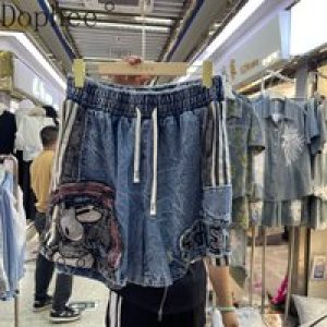 American Retro Street Washing Denim Knee-length Pants Summer Men/women Jeans Embroidery Elastic Waist Casual Straight Shorts