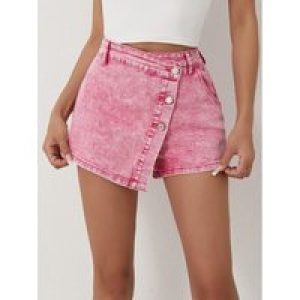Women’s Denim Shorts Casual Fashion Style High Waisted Pants with Asymmetrical Buttons 2025 New Pink Jeans