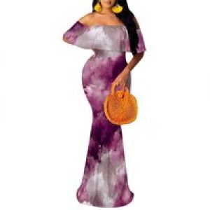 Women’s Sexy Summer Dress Off Shoulder Maxi Dress Print Ruffle Wedding Guest Floor Length Evening Dresses