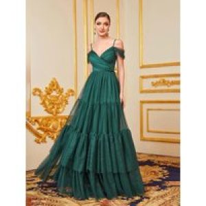 Solid Cold Shoulder Layered Hem Mesh Cami Dresses