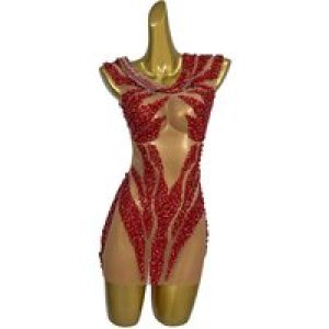 Sparkly Red Rhinestones Mesh See Through Short Dress for Women Sexy Celebrate Birthday Wedding Evening Prom Dress Xuelian