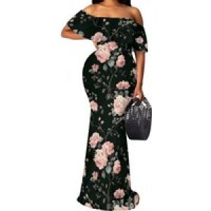 Women’s Off Shoulder Summer Casual Long Ruffle Beach Maxi Dress with Pockets