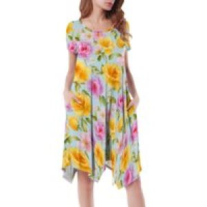 Women’s Vintage Short Sleeve Midi Dress Casual Round Neck High Waist Flared Sundress for Vacation