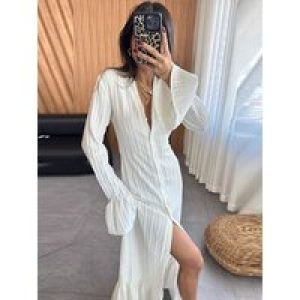 Women’s White Textured Maxi Dress Flared Sleeves Deep V Button Front Ruffled Hem Long Dresses Elegant Boho Party Vacation Gown