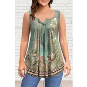 Flycurvy Plus Size Casual Green Retro Boho Floral Print pleated Tunic Tank Top