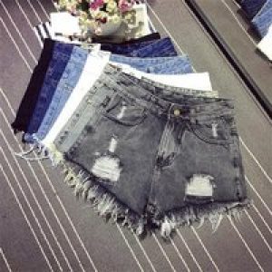Plus size women’s fashion denim shorts; summer new high-waisted ripped frayed design denim shorts; hot pants.