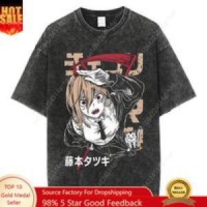 Vintage Washed Tshirts Chainsaw Man Anime T Shirt for Men Harajuku Oversize Tee Cotton Fashion Streetwear Unisex Tops