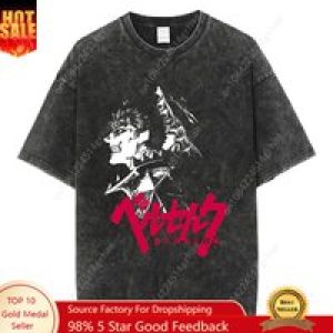 Japanese Anime Washed Tshirt Harajuku Streetwear Graphic Vintage Guts Print T-Shirt Summer Short Sleeve Cotton Tshirt