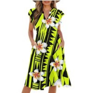 Hawaiian fashion style women’s v-neck pocket waist patchwork dress print on demand Polynesian plumeria print casual dress