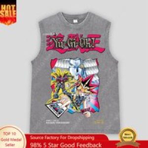 Anime Acid Washed Printed Vest 100% Cotton Streetwear Tops Vintage Manga Fashion Hip Hop Oversized Vest For Men Unisex Tank Top