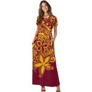Golden Brown Hawaiian Fashion Polynesian Plumeria Print Elegant Plus Size Short Sleeve Casual Pocket Dress Print On Demand
