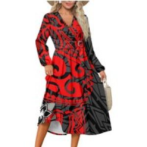 Deep red elegant Pacific island tribal pattern slim plus size dress new summer design waist maxi dress belt dress Polynesia