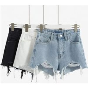 Women Korean Retro Y2k Shorts Pants Lady Vintage High Street Broken hole irregular brim wide leg shorts casual jeans for women