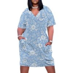 Plus Size Dresses for Curvy Women Oversize T Shirt Midi Dress Loose Short Sleeve V Neck Dress