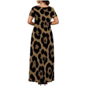 Womens Leopard Print Long Dresses – Short Sleeve Bodycon Club Midi Dress with Pockets