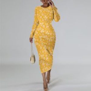 Women’s Bodycon Maxi Dress Fall Spring Fashion Long Sleeve Floral Print Tight Fitted Party Club Ruched Dresses