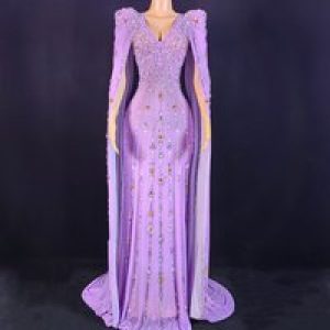Purple Birthday Costume Diamond Performance Costume New Long Sleeve Shiny Diamond Purple Sexy Mopping Floor Noble Dress Women