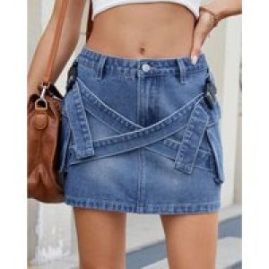 Women’s Summer Women’s Vintage Washed Denim Cargo Skirt Utility Patch Pockets Casual Streetwear High Waist Cross-Border Skirts
