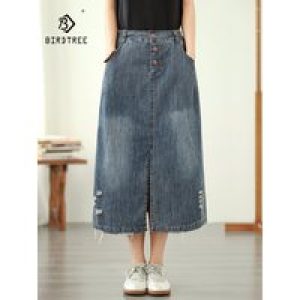 New 2025 Summer Denim Skirt, Women Elastic Waist Hole Pocket Button, Mori Girl Retro Commute Casual Loose A-line Skirt B56261CC