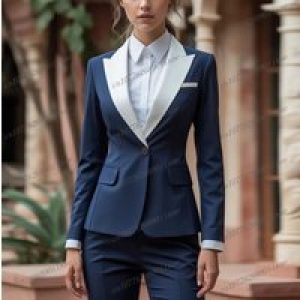 New White Collar Navy Blue Women Suits Lady Business Office Tuxedos Mother Wedding Party Formal Ladies 2 Piece Set Jacket Pants
