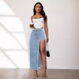 Solid-color Personality High-slit Denim Half-body Skirt. New Washable Irregular Casual Long Skirt for Women in Spring and Summer