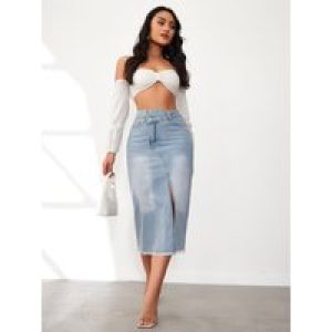 Fashion Slanted Waist Design Casual Slit Denim Half-body Skirt, New A-line High-waisted Skirt for Women in Spring and Summer