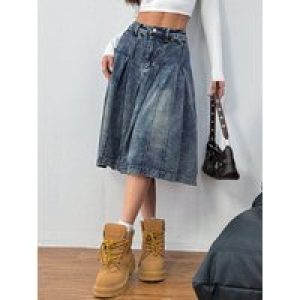 WGXWGX Women’s High-Waisted Denim Midi Skirt Vintage Wash A-Line Pleated Design Casual Streetwear Cotton Blend Y2K Fashion