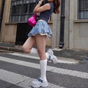 Design Sense Fake Two-Piece Spliced Drawstring Denim Skirt Pants Retro Hot Girl A-Line Anti-Exposure Flower Bud Skirt