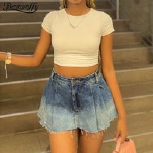 Benuynffy Y2k Streetwear Raw Hem Pleated Denim Skirt Women’s Summer Retro Fashion High Waisted Harajuku A-Line Mini Skirts 2025