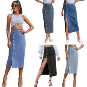 2025 Women’s Maxi Pencil Jean Skirt High Waisted A-Line Long Denim Skirts Ins Button Down Side Split Hem Stretch Blue Jean Skirt