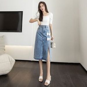 Woman Denim Skirt with Slit Midi Bow High Waist Jeans Skirts for Women Y2k Vintage Clothing Sales New in Luxury Elegant Chic