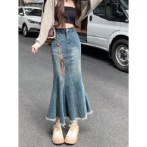 Woman Denim Skirt with Strings High Waist Fringe Long Jeans Skirts for Women Gyaru Streetwear Aesthetic A Line New in Modest