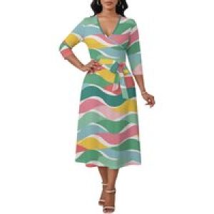 Women’s Plus Size Dresses Deep V Neck Long Sleeves Wrap African Floral Printed Dress Long Maxi Flowy Dress with Belt