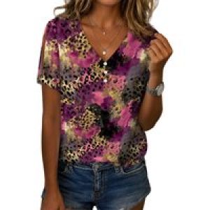 Cold Shoulder Casual Tops for Women Button Boho Floral Printed V-Neck Vintage Short Sleeve Summer T Shirts