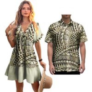 Custom 2 Piece Set Couple Outfits Women Short Sleeve Mermaid Mini Dress Men’s Shirt Plus Size Print Hawaii Polynesian Tribal