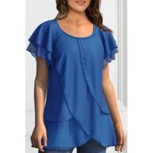 Women Plus Size Multi-Layer Pleated Blouse Elegant CrewNeck Ruffle Short Sleeve Split Niche Design Office Ladies Summer T Shirts