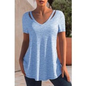 Plus Size Hollowout V Neck Short Sleeve Solid Blouse