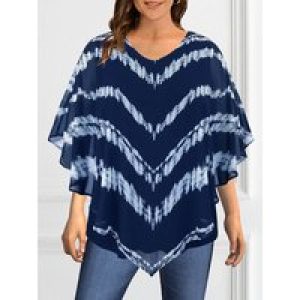 Women’s Plus Size Chiffon Stripe Printed Blouse Elegant Round Neck Double-Layered Summer Top Casual Loose Female Cape Pullovers