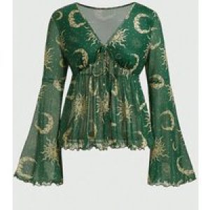 Women Fun Pattern Print Outwear Blouse Sexy See-through Lace-up V-Neck Sun Protection Cardigan Flare Sleeve Beach Tops Blouses